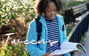Image of a adolescent reading with the word Tweens as the identifier